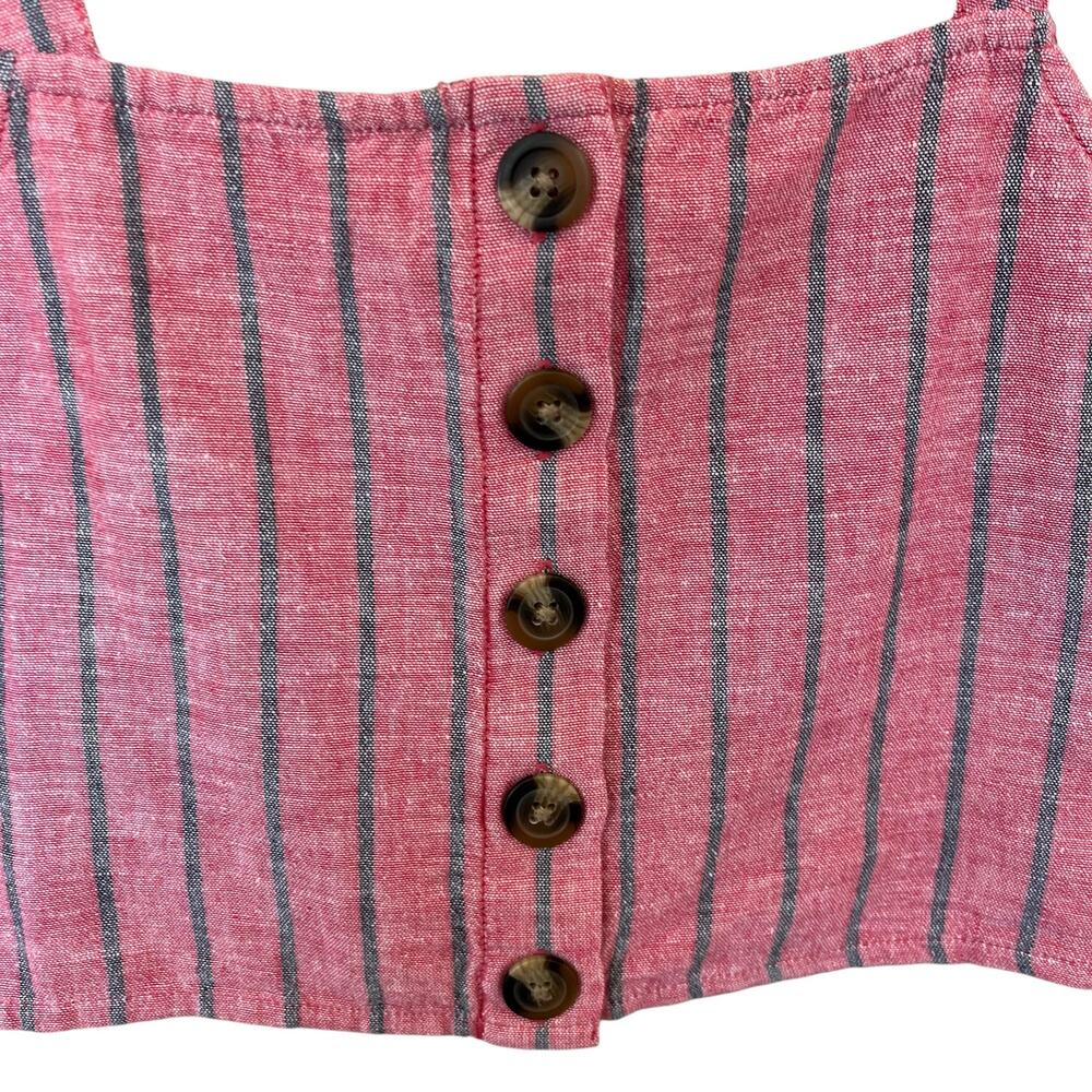 American Eagle Crop Top Sz Medium Washed Red Black Stripe Cotton Linen Smocked - Picture 2 of 9